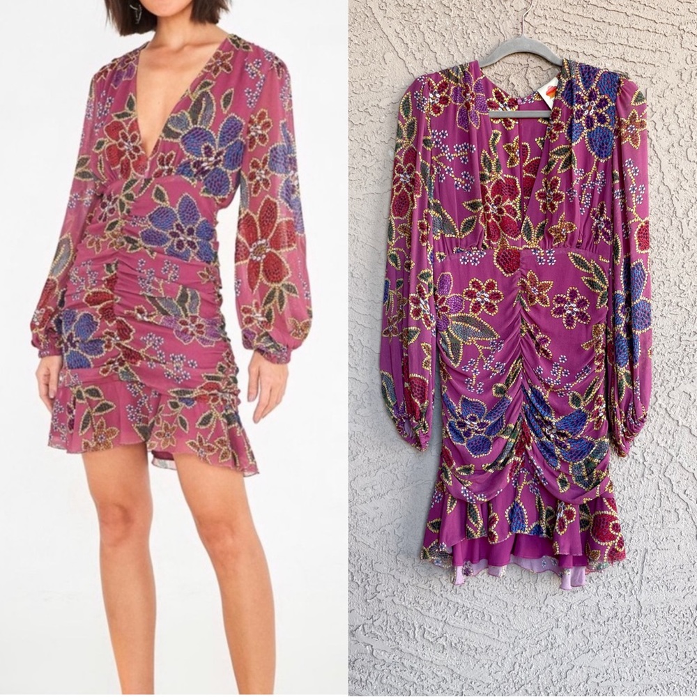 FARM RIO Mauve Pink Blue Floral Long Sleeve Plunging V Ruched Ruffle Mini Dress - Picture 3 of 17